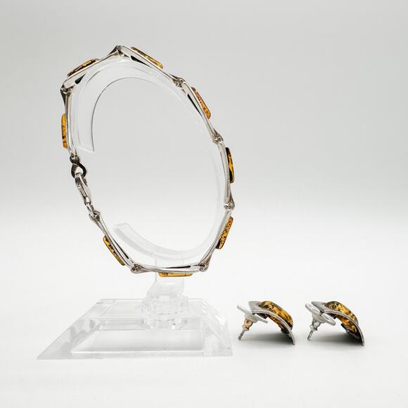 Vintage Baltic Amber Sterling Silver Semi Hoop Post Earrings and Bracelet Set - Picture 12 of 13